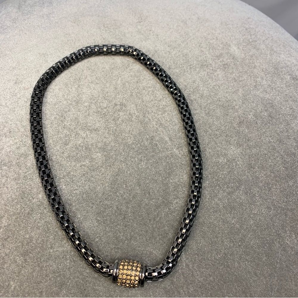 Dark chrome gunmetal chain tubular link crystal rhinestone magnetic necklace